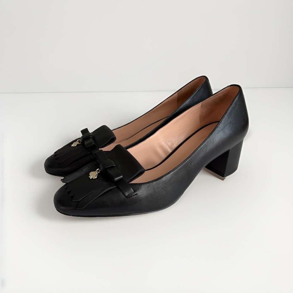 Kate Spade Delaney black leather fringe bow block heel pumps women's 9.5 B